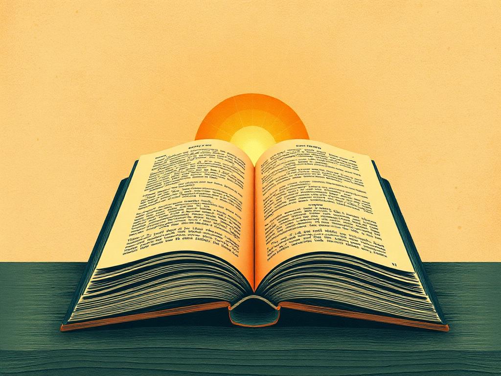 Engraved illustration of light breaking over open pages